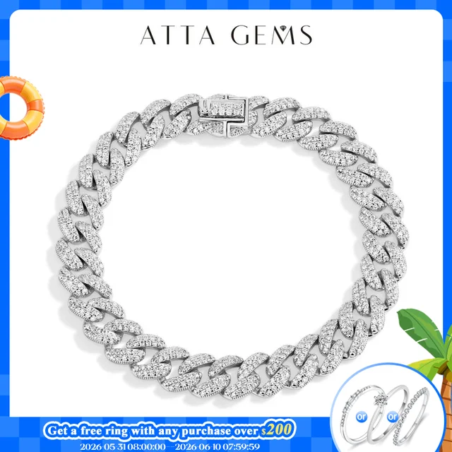 ATTAGEMS DVVS1 Pełny łańcuszek Moissanite Cuba dla mężczyzn i kobiet 925 Sterling Silver 18k pozłacana bransoletka tenisowa Hip Hop Fine Jewelry