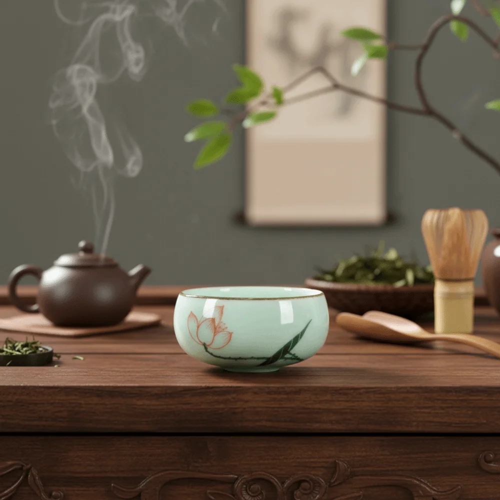 Hand-painted Landscape Pattern Chinese Traditional Celadon Teacup Double-fish Ceramic Master Cup 55 ML Vintage Kung Fu Tea Cup
