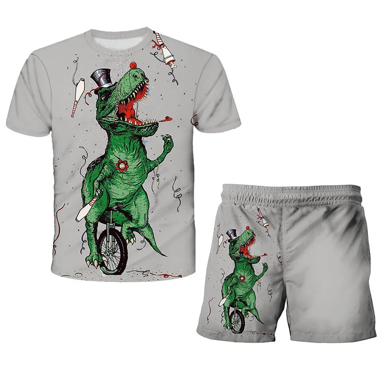 Dinossauro de Mangas Curtas Infantil 3D Impresso Digital 2 Piece Set, Pulôver de Pescoço Redondo, Personalizado, Casual, Verão