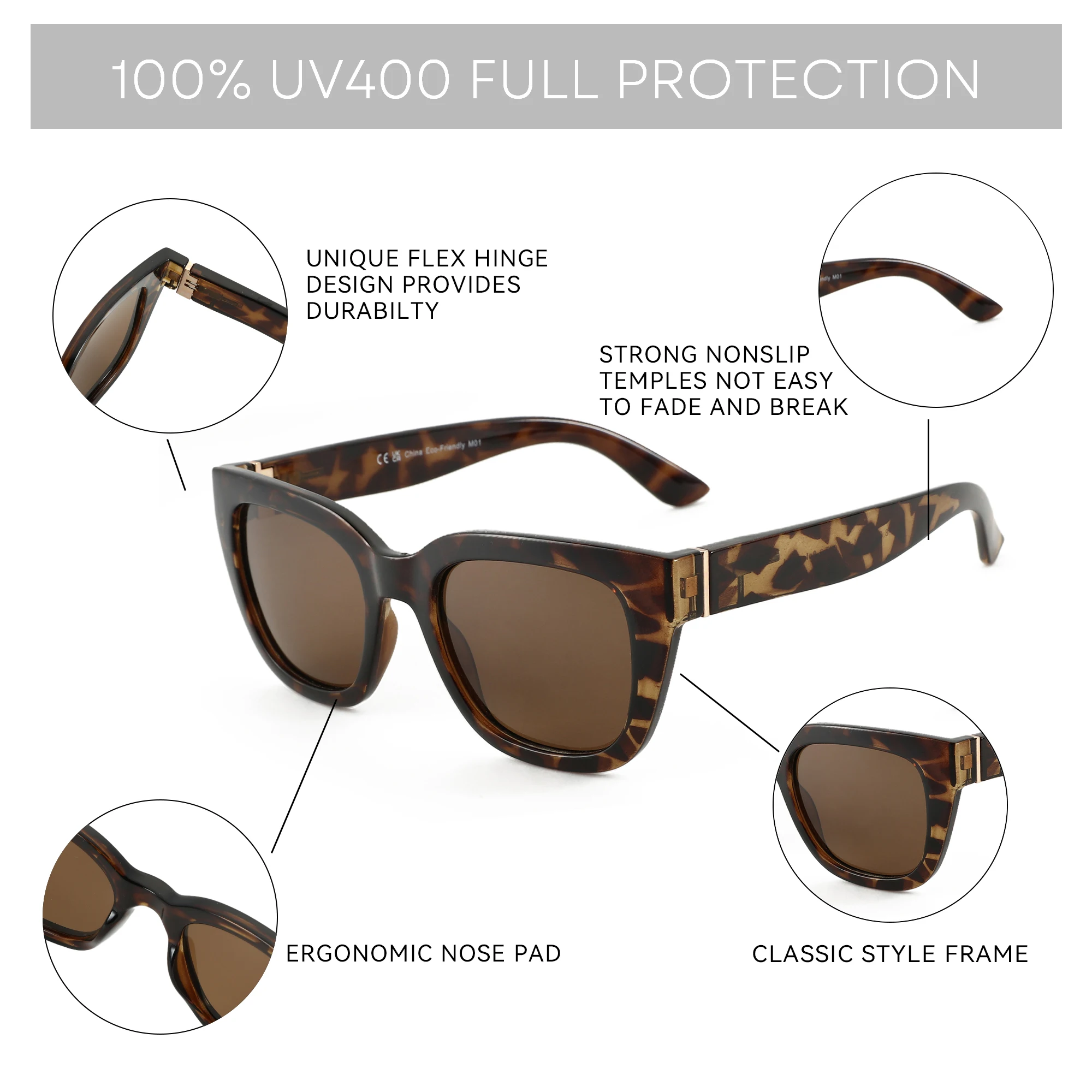 Women\'s Polarized Retro Square Frame Sunglasses UV400 Protection Flex Hinge Leafael Polarized Oversized Sunglasses for Women, Red Floral  main image 2