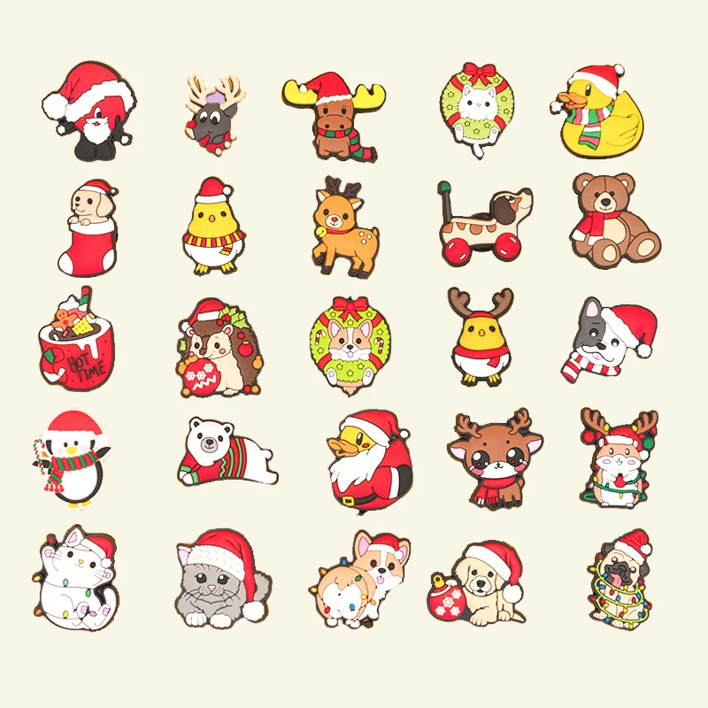 จี้รองเท้าลายคริสต์มาส 1/25 ชิ้น น่ารัก รูปสัตว์ คริสต์มาส สุนัข แมว กวาง ตกแต่งรองเท้า สำหรับผู้หญิง ผู้ชาย ติดรองเท้าแบบคล็อก ของขวัญวันหยุด