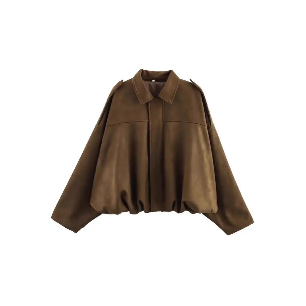 Jaqueta Feminina de Camurça Estilo Piloto com Gola de Zíper, Caimento Solto, Textura de Qualidade, Moda Primavera Outono