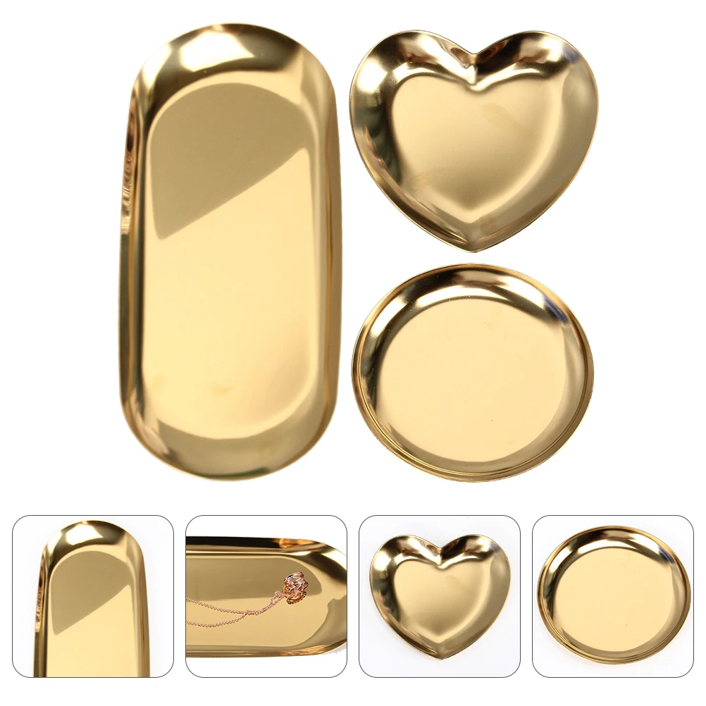 

3 Pcs Jewelry Tray Oval Display Plate Stainless Steel Container Key Storage Makeup Accessories Decor Stylish Trinket Tray Home