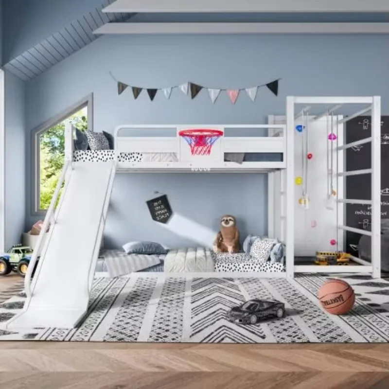 Metal Twin Over Twin Bunk Bed Frame with Slide and Basketball Hoop, Heavy Duty Bunk Bed Pull-up Rings and Climbing,, Customized