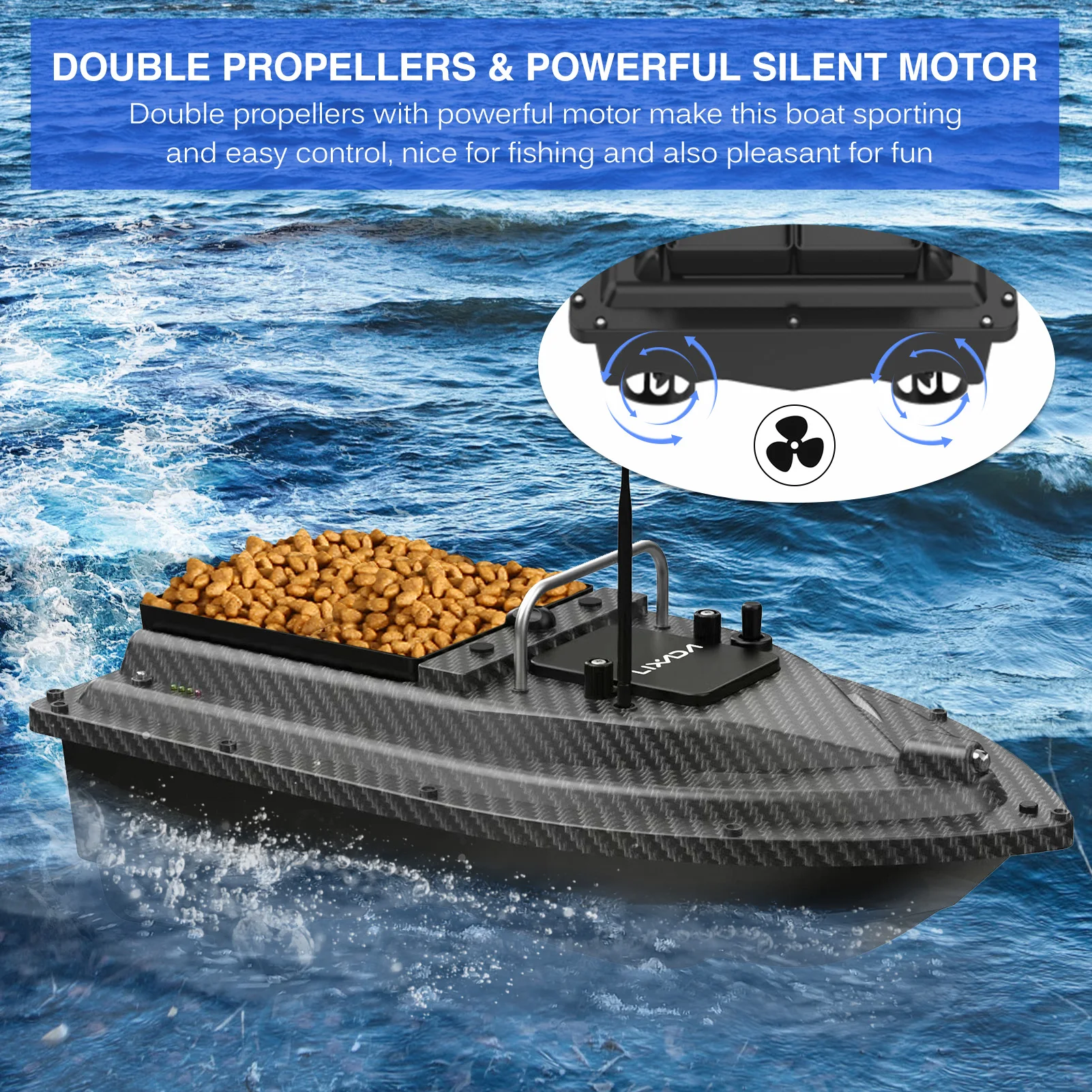 GPS Fishing Bait Boat with Large Bait Container Automatic Bait Boat with 400-500M Wireless Remote Range 4.4lb Bearing Capacity