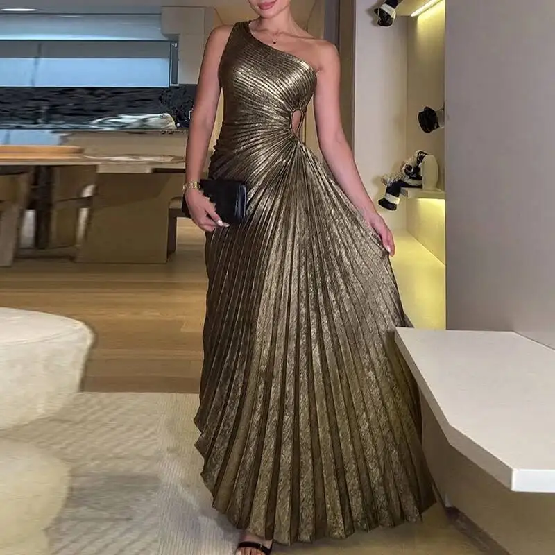 

Sexy Symmetrical Hollow Pleats Long Dress Lady Fashion Slanted Neck High Waist Party Dress Elegant Temperament Solid Party Dress