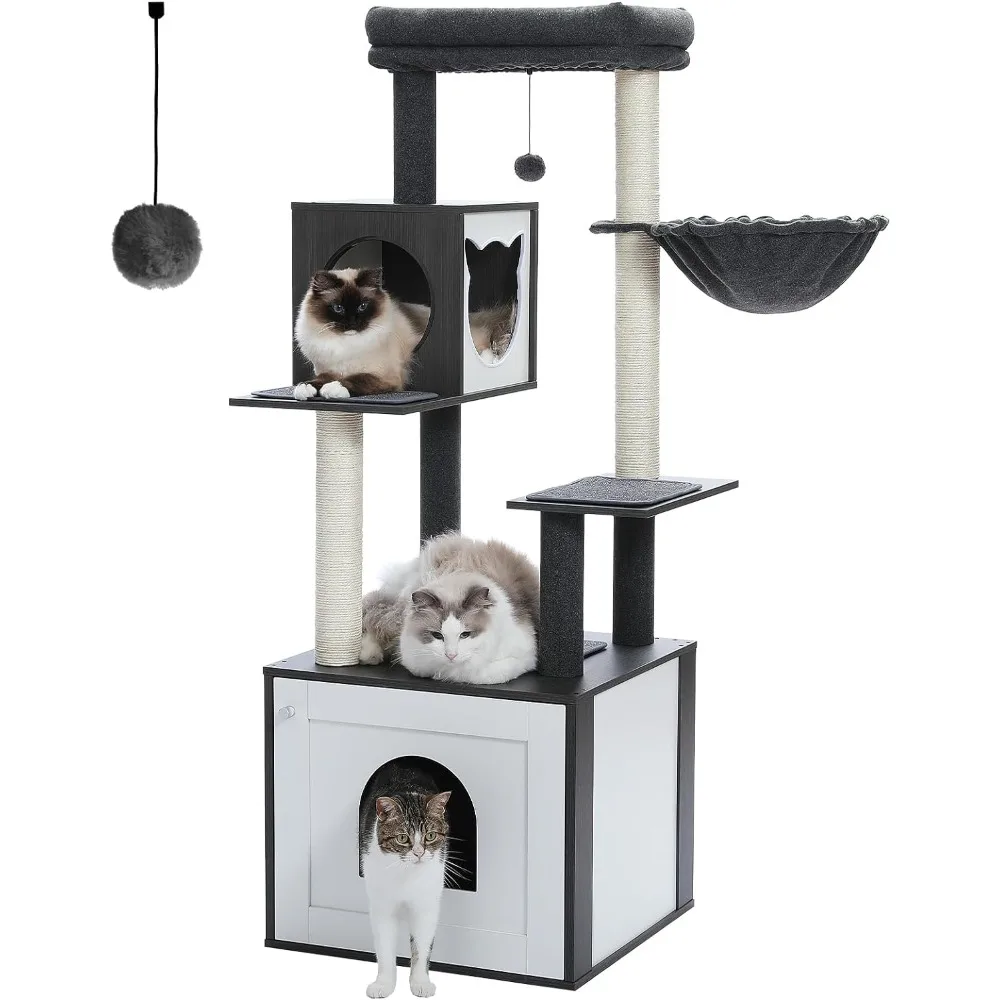 

56.7" cat tree, large wooden cat tower with lockers and cat apartments, sisal covered scratching columns touchable hanging balls