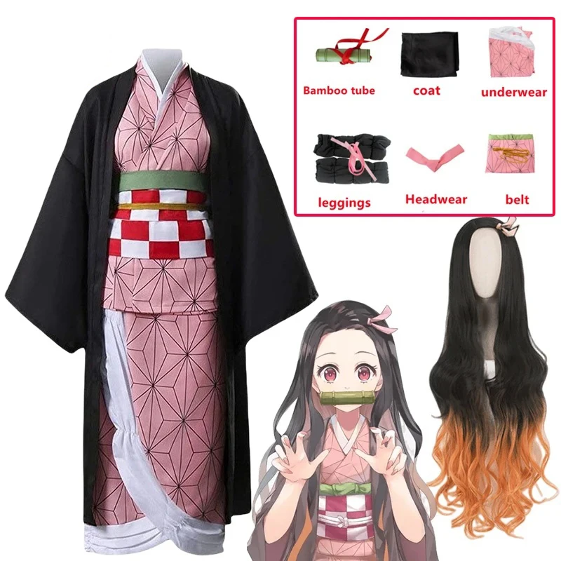 أنيمي شيطان القاتل كيميتسو نو يابا كامادو Nezuko تأثيري حلي شعر مستعار Nezuko كيمونو هالوين أزياء تنكرية للنساء الفتيات #2