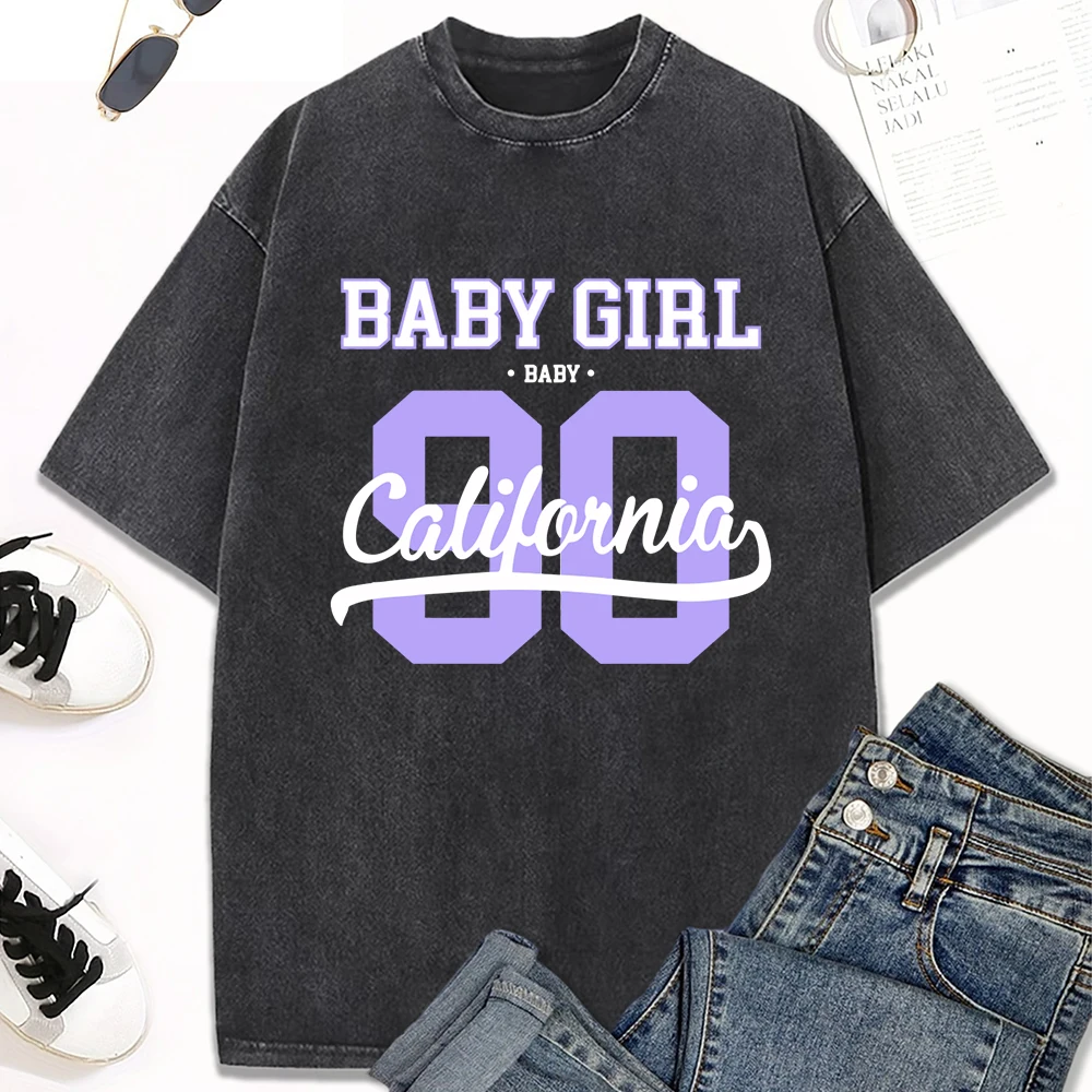 

90 California Letter Printed Snow Wash T Shirt Woman Summer Casual Tee Top Unisex Y2K Washed Clothes Cotton Short Sleeve
