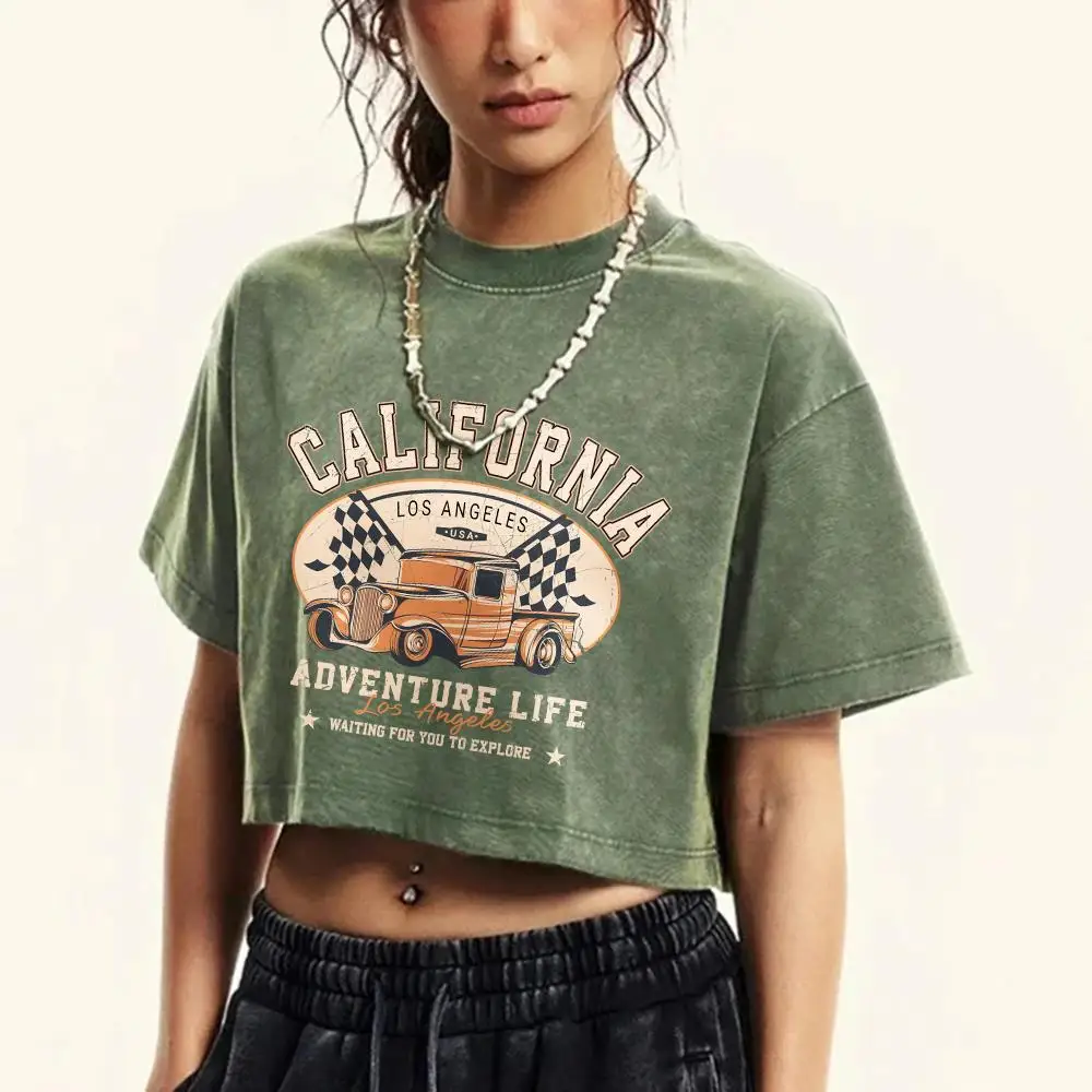 Women's Cotton Crop Tops Trend O-Neck Distressed Washed T-Shirts California Los Angeles Printing Short Sleeve Street Clothes