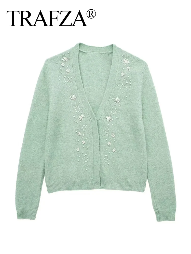 Trafza Herbst Frauen Mode Strickjacke gestrickt solide V-Ausschnitt lange Ärmel perlen verzierte Pullover Mantel weibliche elegante Frau Top