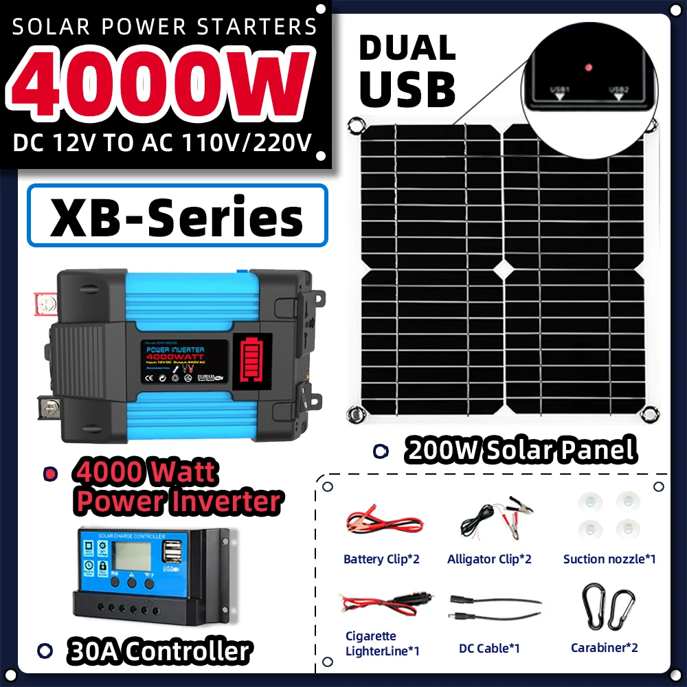 200w Solar Panel 220v Full Set For House Kit 4000w Inverter Solar Combination 30a Controller Solar Kit For Home Camping Car