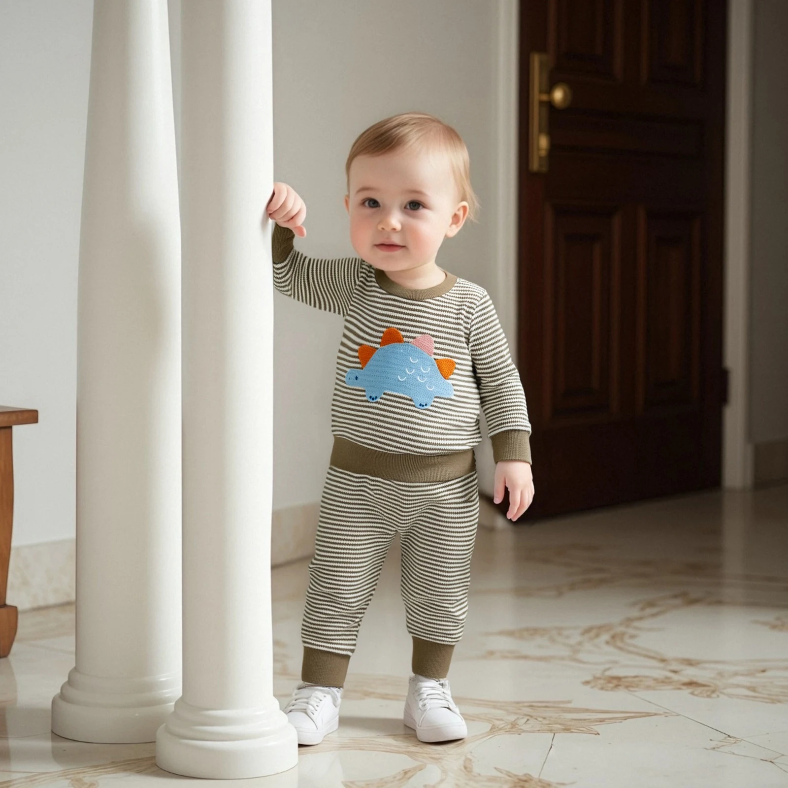 

Осенне-зимняя одежда для маленьких мальчиков, полосатый свитшот с нашивкой динозавра, джоггеры с эластичной резинкой на талии, комплект вафельной вязки для малышей