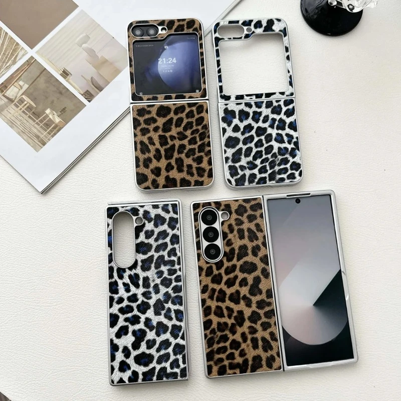 موضة الفضة الحدود ليوبارد طباعة سليم قضية الهاتف لسامسونج غالاكسي Z فليب 7 6 5 4 3 بولي Leather الجلود الوقاية من السقوط غطاء وقائي
