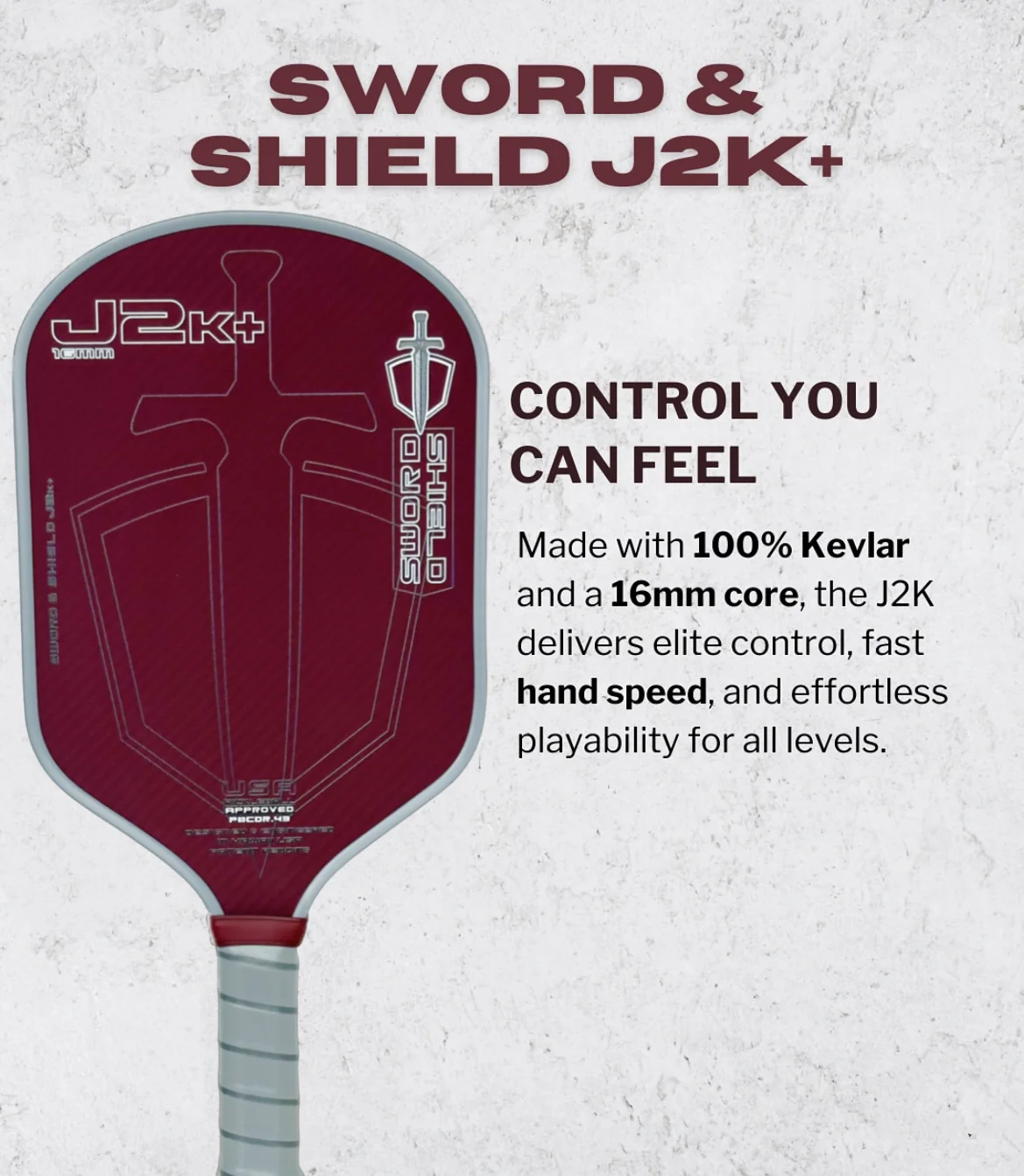 SWORD&SHIELD J2K+ مجداف كرة بيكلبول من ألياف الأراميد، قلب بوليمر على شكل قرص العسل، بقعة حلوة كبيرة، سمك 16 مم، سطح محكم