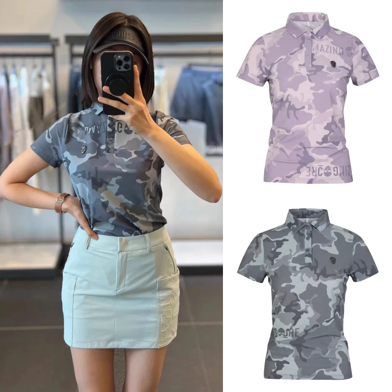 Golf Clothes Summer Women's Lapel Half Button Camouflage Chic Short Sleeved Slimming Quick Drying Golf Shirt