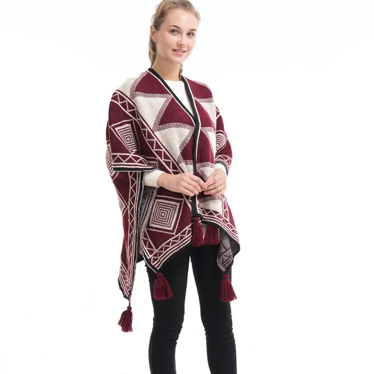 Spring Autumn Geometric Pattern Tassel Cape Knitted Cardigan Fashion Street Poncho Lady Capes Coffee Cloaks