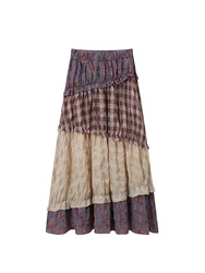 Summer Women French Vintage Boho Style Patchwork Midi Skirt Elastic Waist Mori Girl Art Cottage Core Old Money Aesthetic A-line