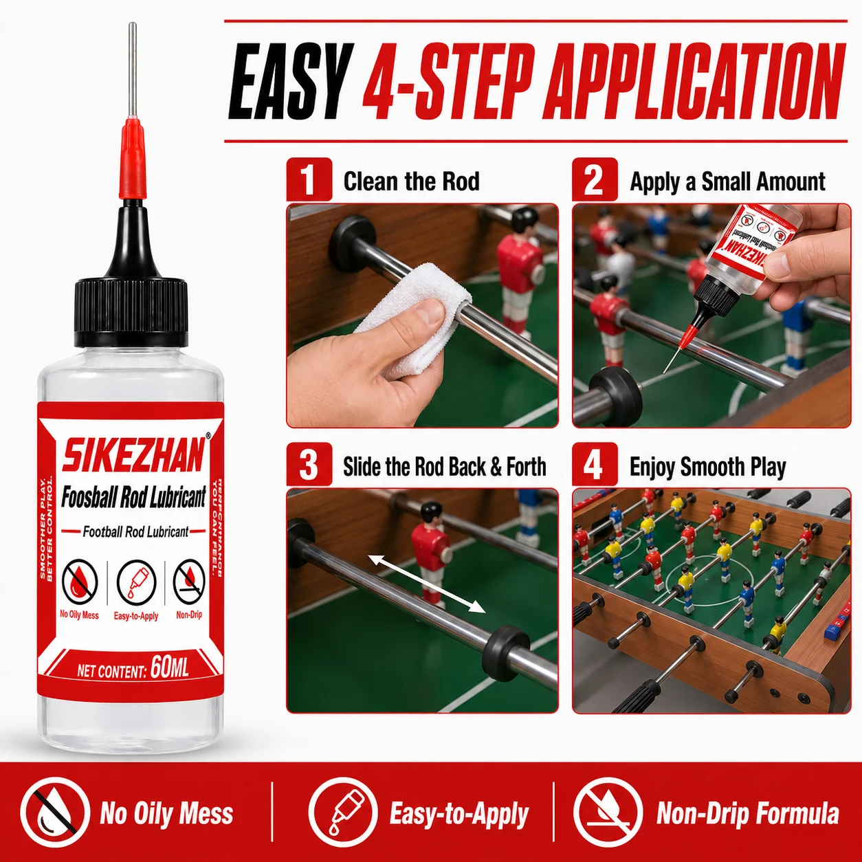 60ml Foosball Table Rod Lubricant Oil with Needle Applicator, Non-Drip Maintenance Fluid for Smooth Fast Table Football Play