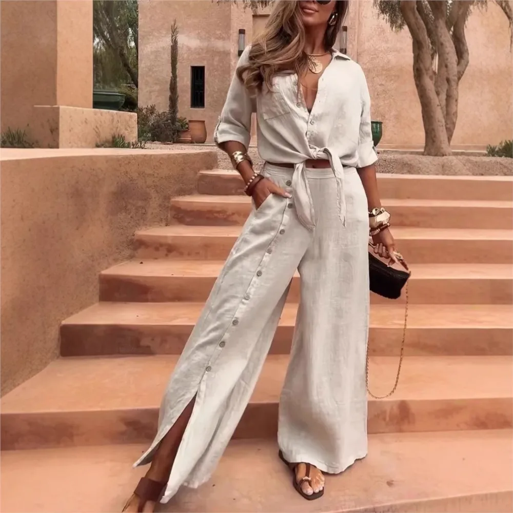 

Fashion Women's Casual Irregular Two-piece Sets Spring Summer Solid Color Lapel Long Sleeve Shirt Top And Wide-leg Pants Suits