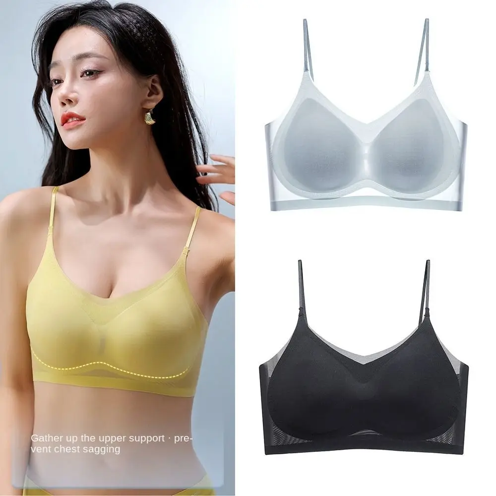 Ice Silk Ultra-thin Beauty Back Bras New Plus Size Seamless Bralette Pure Color Smocked Tops Dainty Bra Women