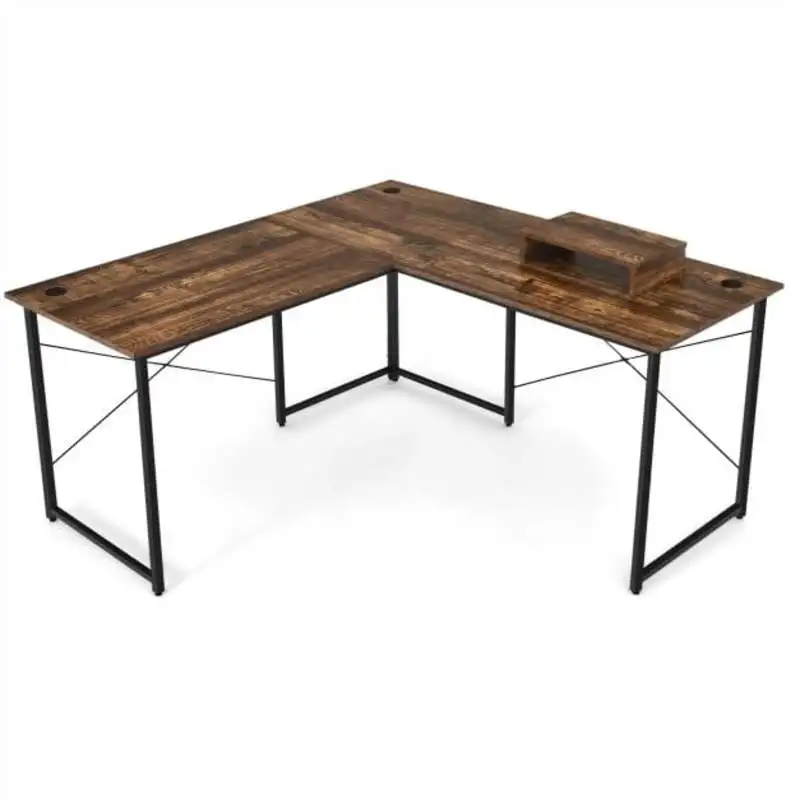 

95 Inch 2-Person L-Shaped Long Reversible Computer Desk with Monitor Stand-Rustic Brown