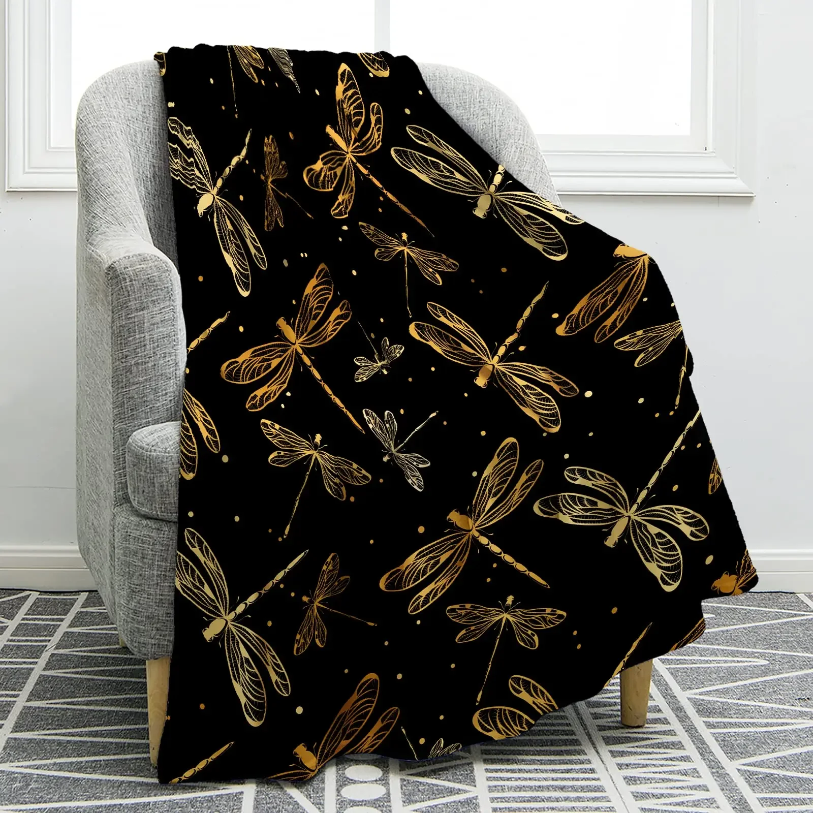 

Dragonfly Throw Blankets for Girls Boys Luxury Golden Dragonfly Adults Warm Lightweight Flannel Blanket Soft Cozy Bed Blankets