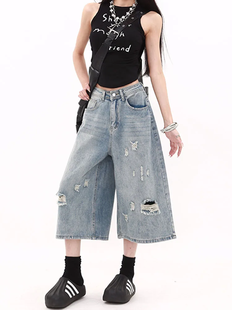 กางเกงยีนส์ทรงตรงขากว้างสไตล์วินเทจอเมริกัน ขาดๆ เซอร์ๆ เอวสูง 7/8 ความยาว ผู้หญิง ฤดูร้อน รุ่นใหม่ ทรงหลวม