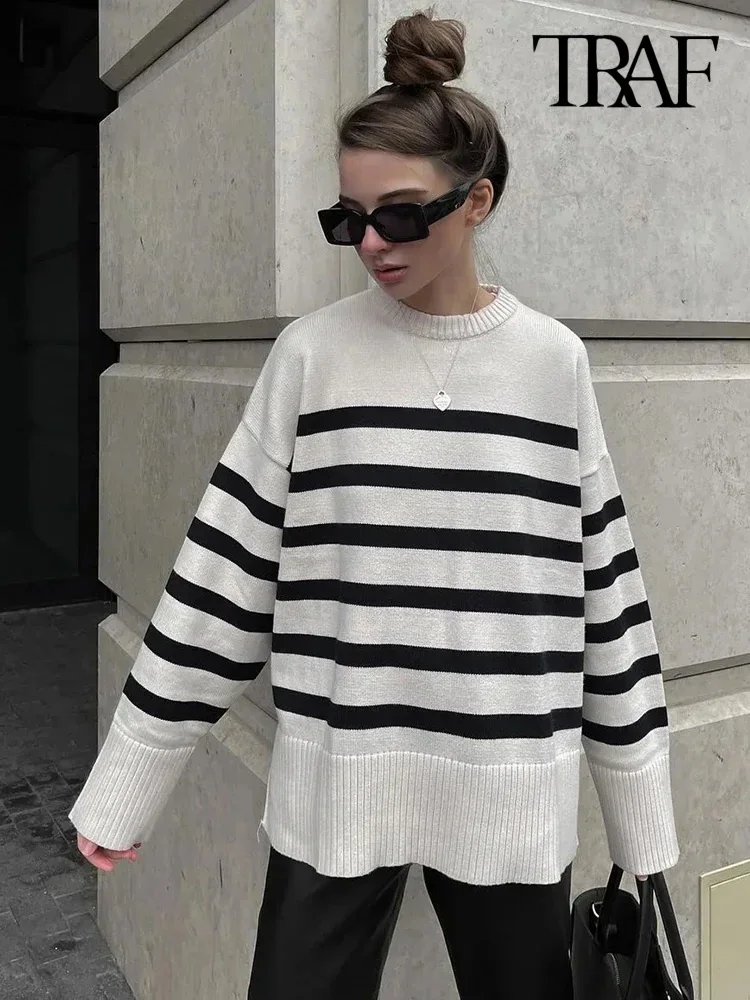 TRAF Fashion Oversized Striped Pullovers Women Knitted Basic Autumn Winter Loose-Fitting Thick Jumpers Sweaters Female Clothing