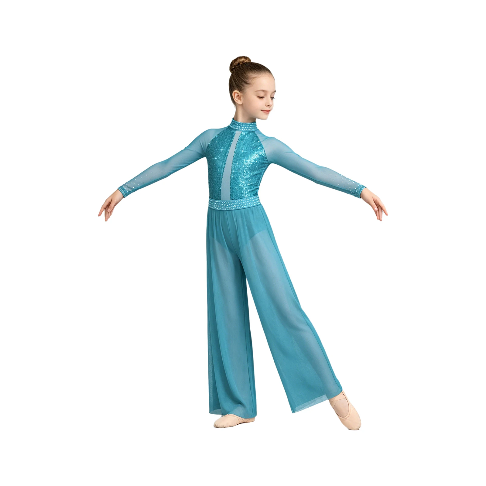 Girls Modern Lyrical Dance Outfit Ballet Skating Gymnastics Costume Long Sleeve Shiny Sequin Leotard with Wide Leg Mesh Pants