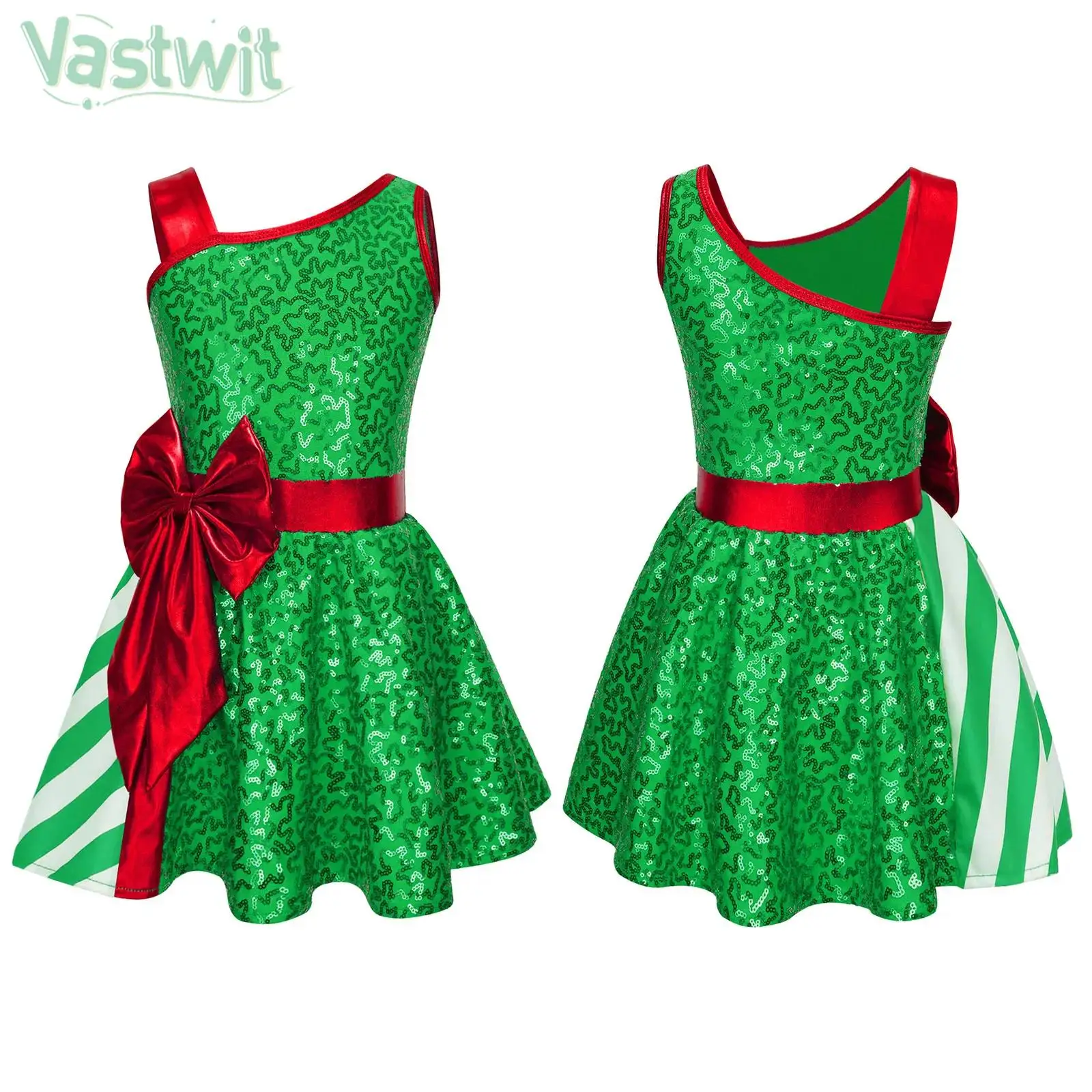 Kids Girls Christmas Ballet Dance Leotard Dress Sleeveless Shiny Sequin Skating Gymnastics Tutu Xmas Santa Elf Cosplay Costume