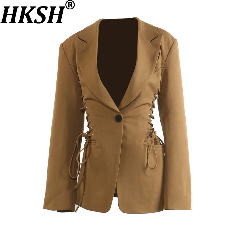 

HKSH весенне-осенний новый женский пиджак с зубчатым воротником на одной пуговице на шнуровке на талии, облегающий элегантный модный пиджак HK13264