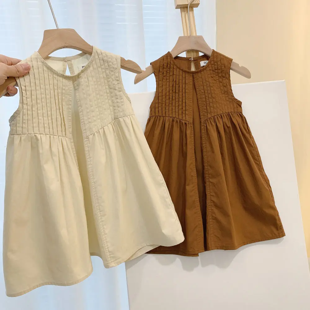 

Girls Summer Children's Skirt Cotton and Linen Solid Color Sleeveless Simple Korean Version Baby Dress Tide A-line Princess