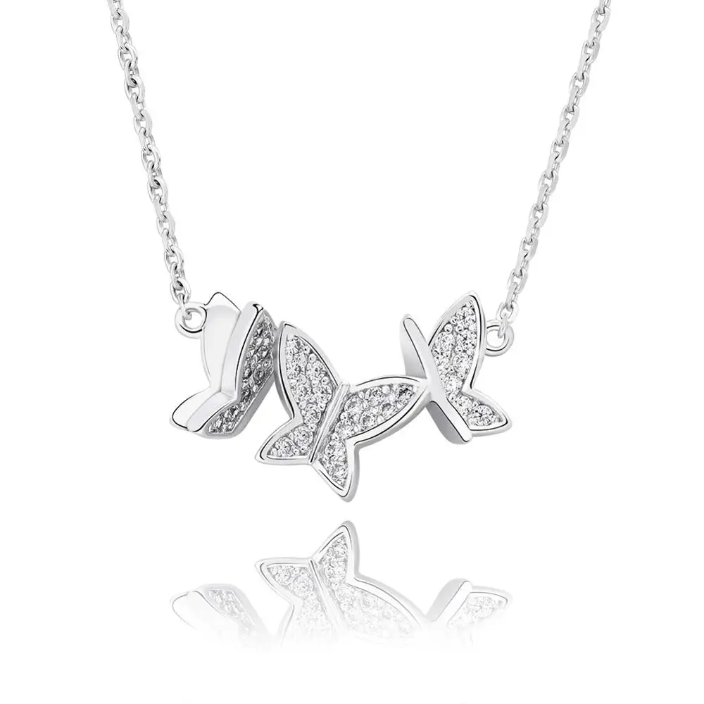 925 Sterling Silver Color  Bling Iced Out CZircon Three little Butterflies Pendant Necklaces For Women Beautiful Hip hop Jewelry