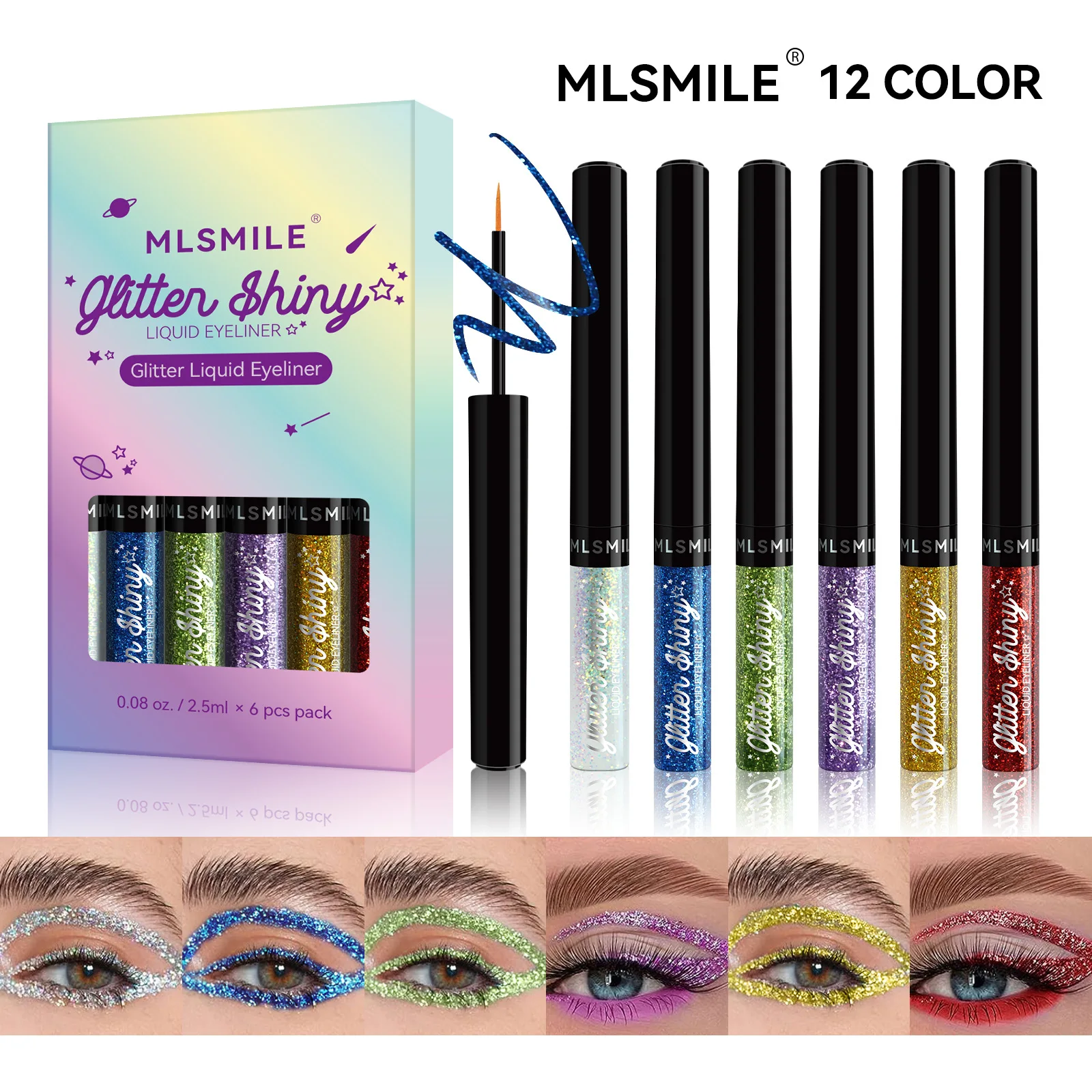 MLSMILE 6 pcs Pearl Liquid Eyeliner Flash Color Glitter Eyeshadow Long-lasting Waterproof Non-Smudgy Eyeliner Set