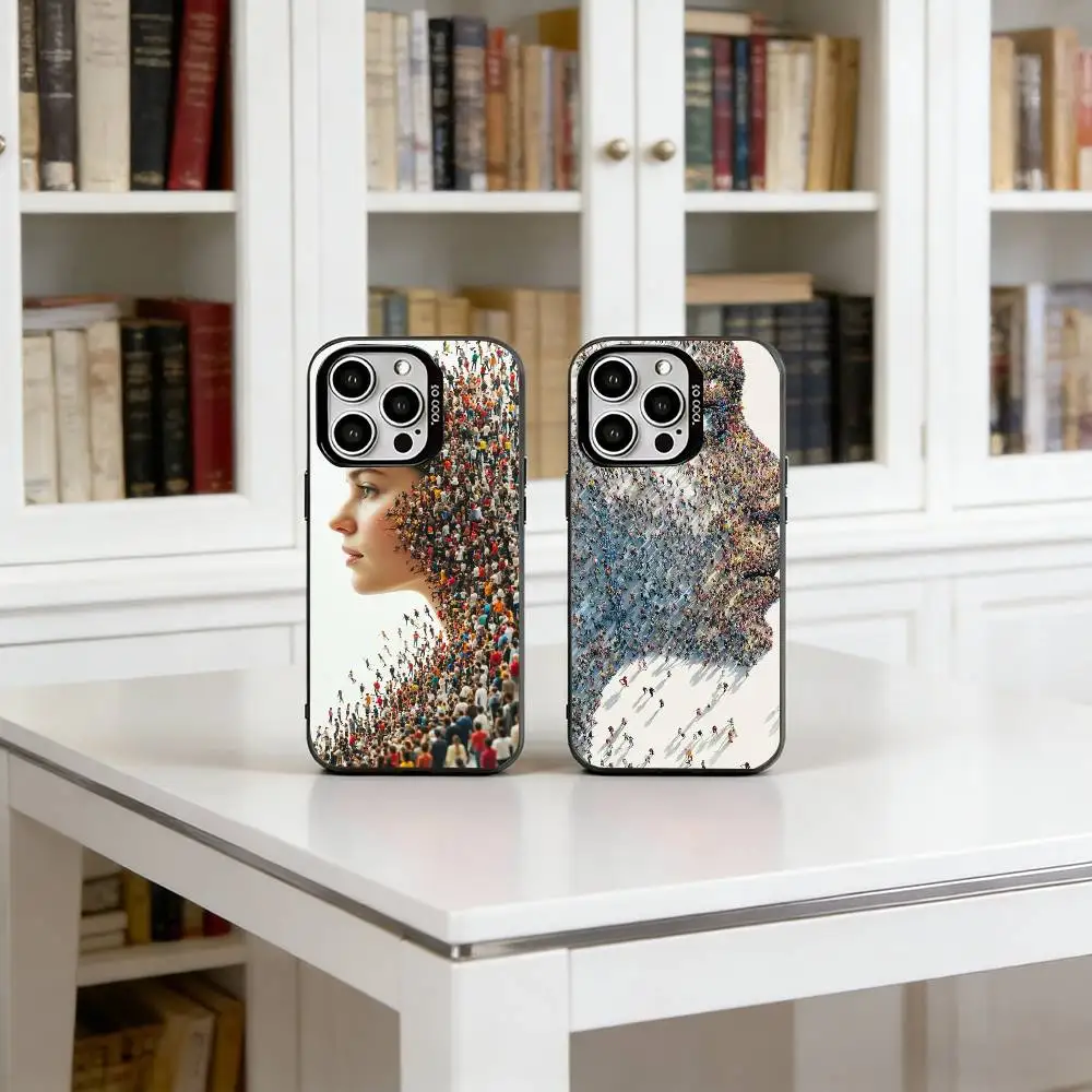 

Surreal Digital Collage Phone Case For iPhone 17,16,15,14,13,12,11 Plus,Pro Max,XS,Colored Silver Plated Inside Cover
