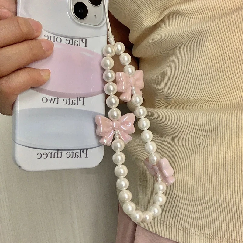 Pink Pearl Bow Phone Chain Anti-Lost Bracelet For Mobile Phone Case Wrist Strap CCD Lanyard Phone Keychain Portable Chain