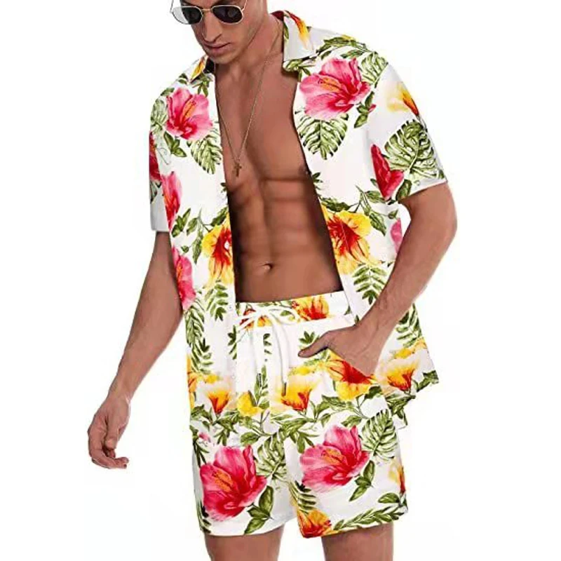 2-piece shirt dress men\'s fashion shirt+shorts 3D two-piece shirt Hawaii beach shirt set boys vacation