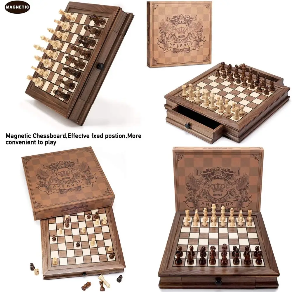 

Walnut Magnetic Chess Set, 12.8 Square, with Storage Drawers, Bonus Queens, Ideal for All Ages, Gift-boxed