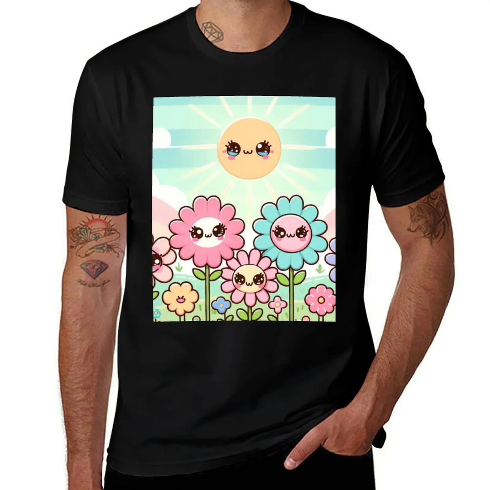 Cute kawaii manga cartoon field flower flowers pink yellow Blue wildflowers T-Shirt Vintage Print Crew Neck Tee