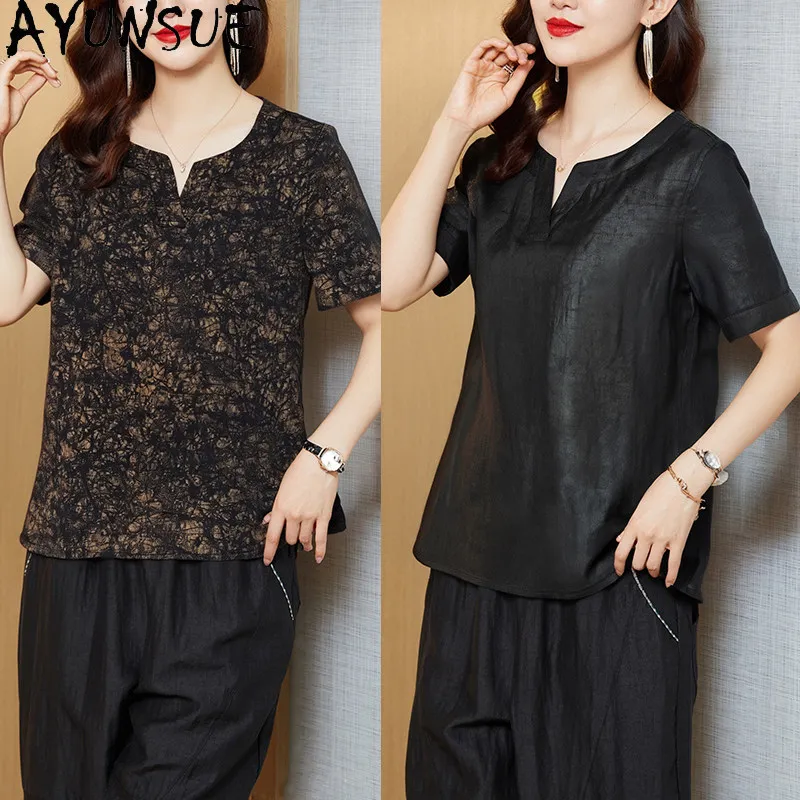 AYUNSUE 100% Real Mulberry Silk T Shirt Women Double-sided Shirts Women Summer Xiangyunsha Printed Women Clothes 2026 Ropa Mujer