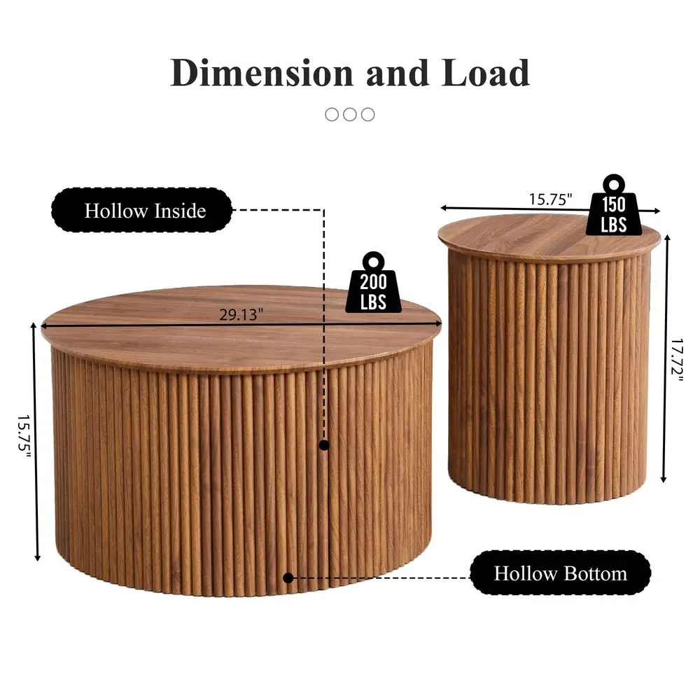 Round Nesting Coffee Table Set of 2, Mid Century Modern Wood Coffee Tables and End Table Set, Circle Side Table
