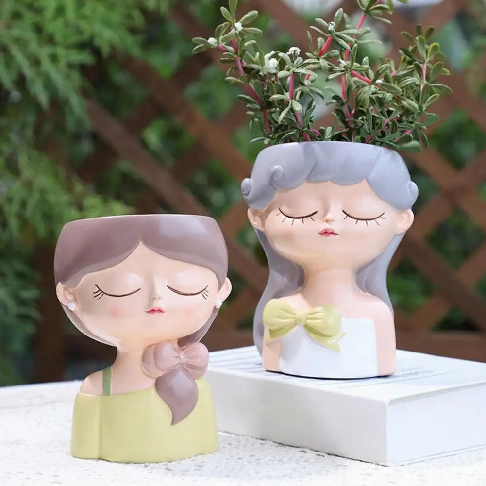 Resin Flowerpot Waterproof Macaron Color Planter Cute Girl Face Planter Pot Resin Decorative Holder Small Cactus Plant for Desk