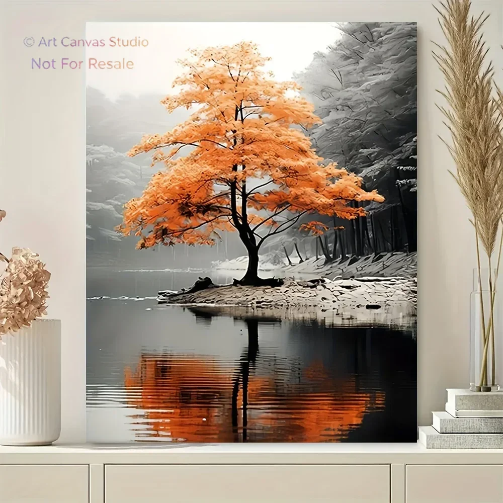 Autumn Scenery Poster and Prints Vibrant Red Tree and Misty Forest Canvas Painting Wall Art Picture for Living Room Home Deco