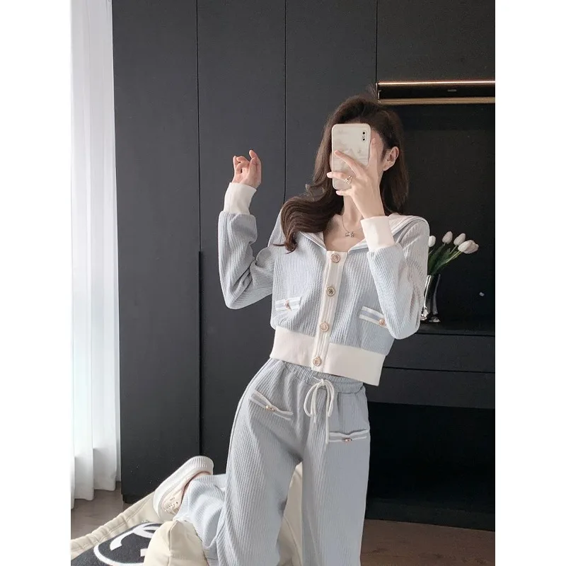 

Korean Navy Collar Top Wide Leg Pants Two-piece Set Women Contrast Color Drawstring Sweet Fashion College Casual Sports Suit