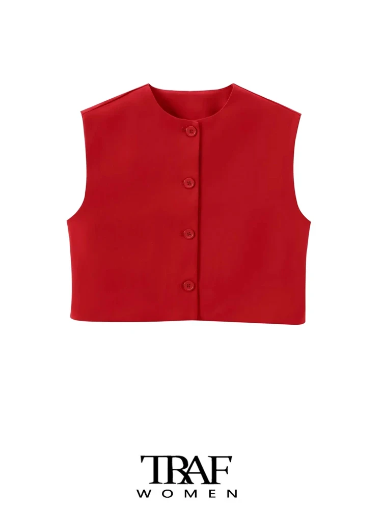 TRAF-Front Button Cropped Waistcoat for Women, O Neck, Sleeveless, Female Outerwear, Chic Tops, Fashion