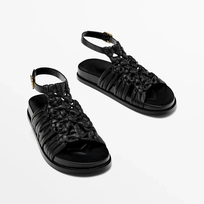 

Banyiyou 2025 Summer Designer Fashion Women's Sandals Thick Bottom Flat Platform Gladiator Sandal Leather Woven Flats Sandalias