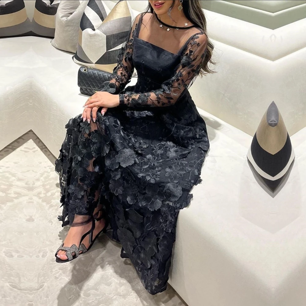 Black Lace Tulle Flower Formal Event Party Dresses 2023 Full Sleeves Long Custom Evening Gowns Night Club Prom Dresses