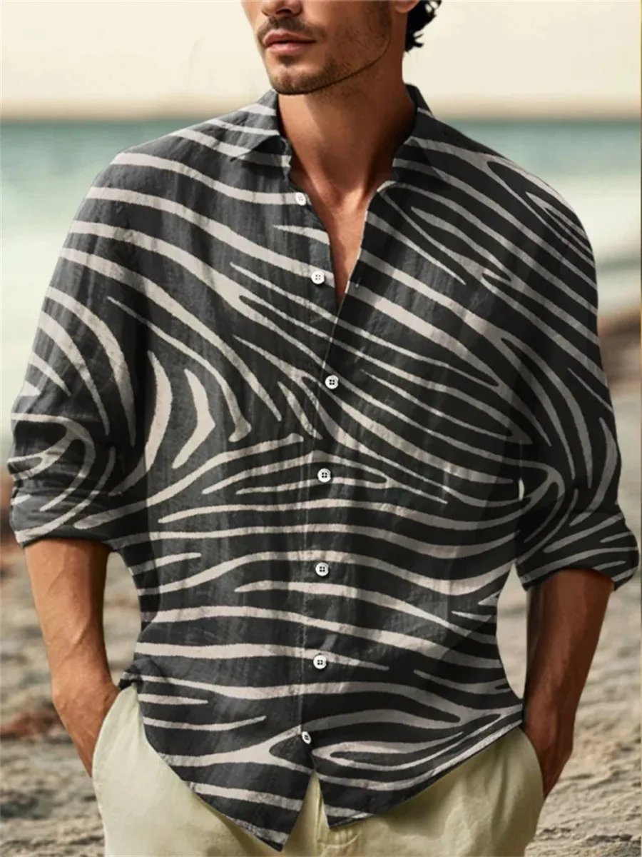 2025 Men's New Linen 3D Printed Long Sleeve Shirt Fashion Design Luxury Long Sleeve Shirt Four Seasons Lapel Button Shirt