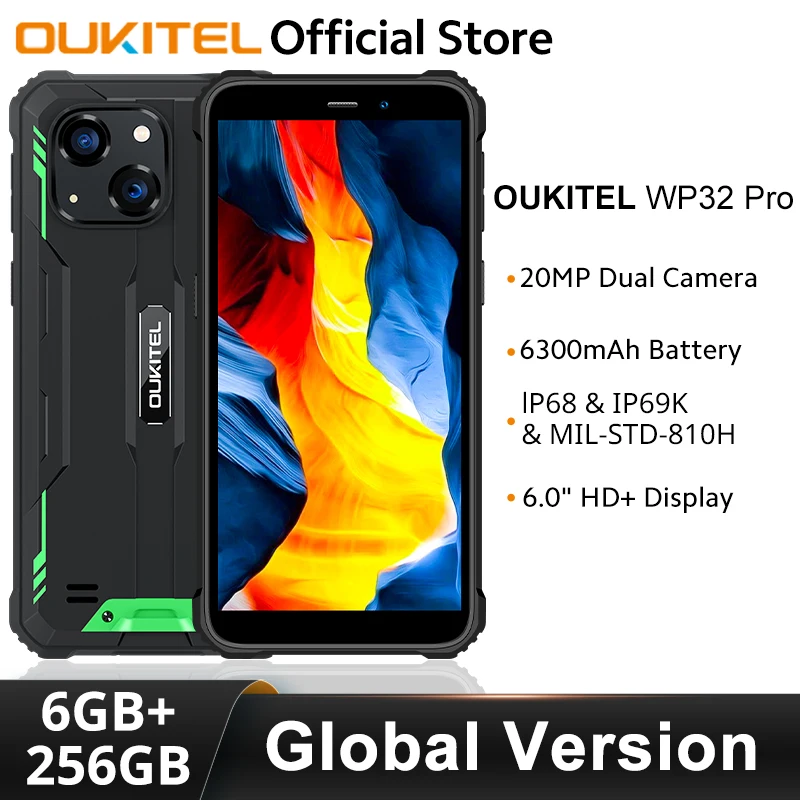 Oukitel WP32 pro Rugged Smartphone Global Version 6" HD 6GB+256GB 6300mAh Octa Core Mobile phone 20MP Cellphone